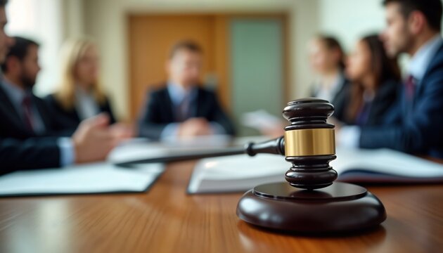 Pro legal meeting in progress. Judges, legal team members seated around table. Gavel on table in focus. Decision making process in court room setting. Legal consultation, discussion. Teamwork,