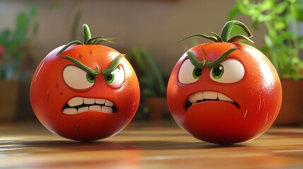 Two animated tomatoes with expressive faces displaying anger and determination in a bright, cozy kitchen setting.