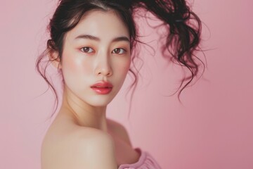 Naklejka premium Beauty portrait of young Asian woman in dress on pink background.