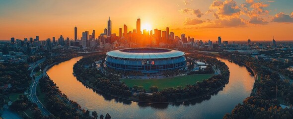 Obraz premium Aerial panoramic view of dawn over the MCG and AAMI stadium, with the CBD visible in the background