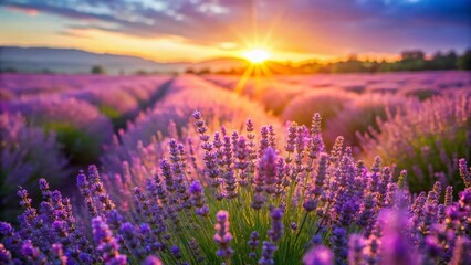 Fototapeta premium Panoramic Lavender Field Wallpaper: Blurred Background, Purple Flowers, Summer Scenery