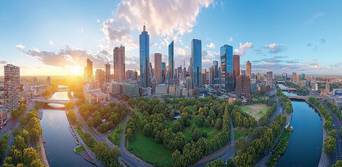 Naklejka premium An expansive aerial panorama of Melbourne, as seen from Fitzroy Gardens