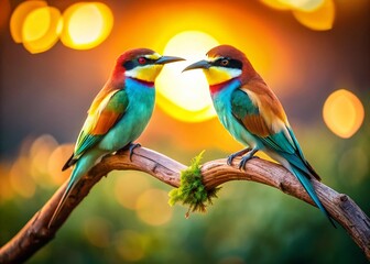 Obraz premium Panoramic Love Birds: Two Birds Perched on Branch Forming Heart Shape