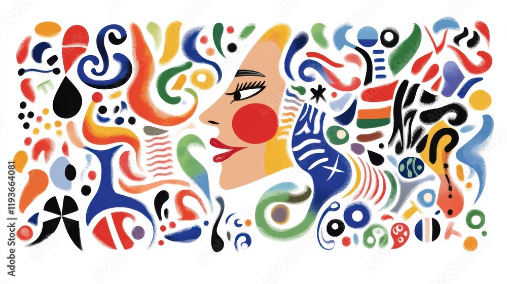 Poster vibrant abstract composition featuring a stylized face against a colorful backdrop of curved lines a