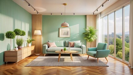 Fototapeta premium Panoramic Minimalist Living Room: Pastel Hues & Modern Design