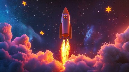 Fototapeta premium A vibrant rocket soaring through a colorful night sky filled with stars and clouds, symbolizing adventure and exploration.