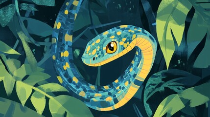 A vibrant, cartoon-style blue and yellow snake coiled among lush green leaves in a dense jungle.