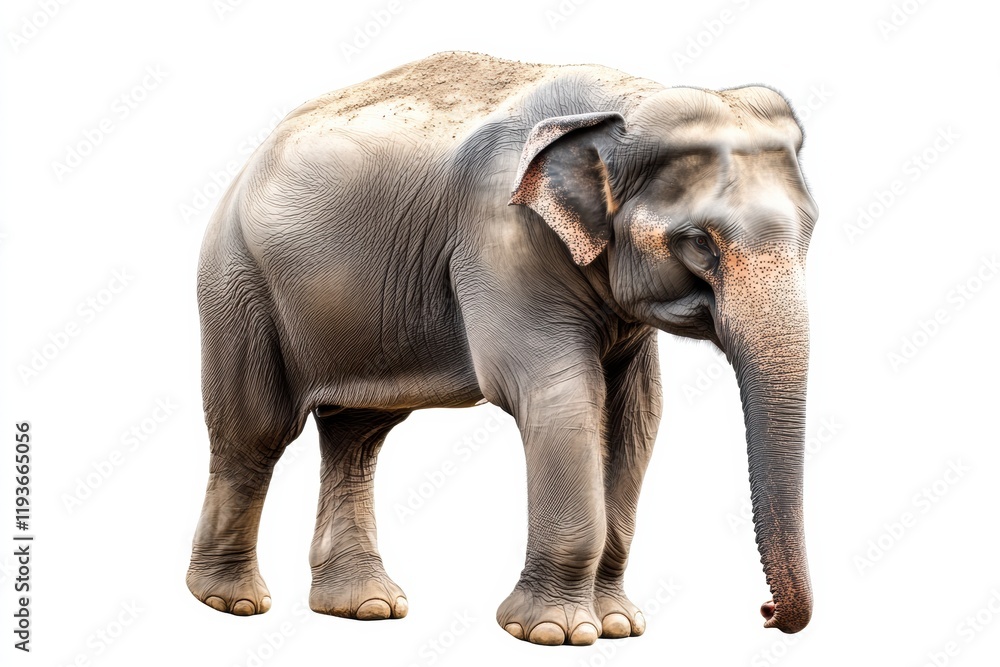 Poster realistic illustration of a majestic elephant walking gracefully on a white background in a serene e