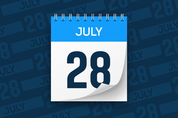 Calendar page with date July 28 vector illustration background