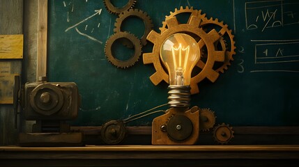 Illuminated Idea Gears and Chalkboard Background
