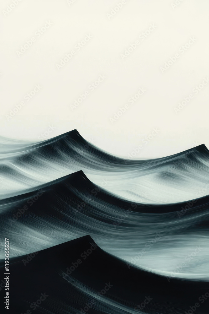 Poster captivating abstract ocean waves in minimalistic landscape art showcasing blue tones and dynamic mot