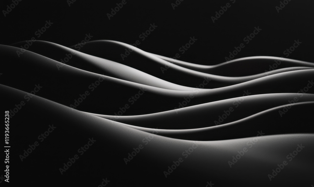 Poster exploring abstract serenity through monochrome waves and curves in a captivating minimalist composit
