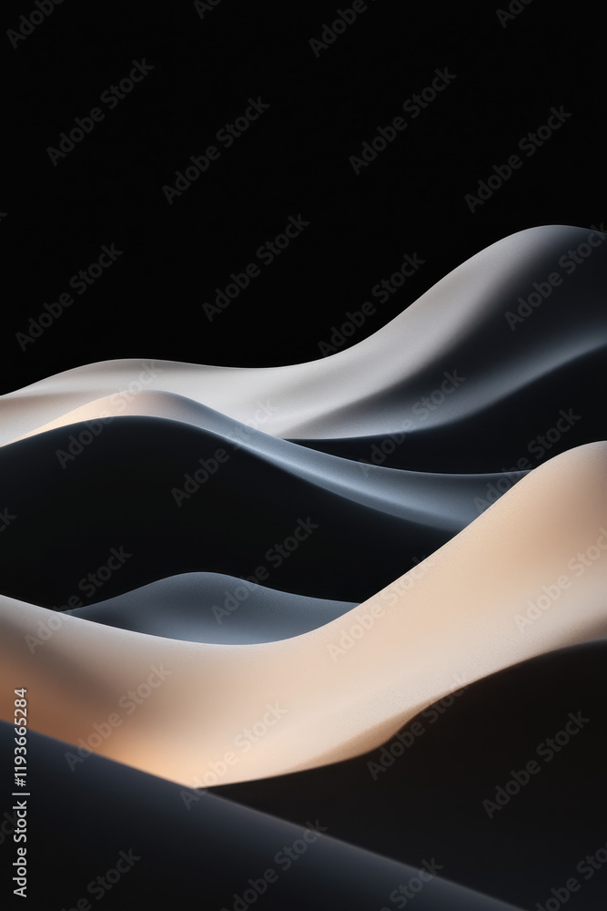 Poster exploring the ethereal dance of light and waves: minimalist curved forms creating harmonious abstrac
