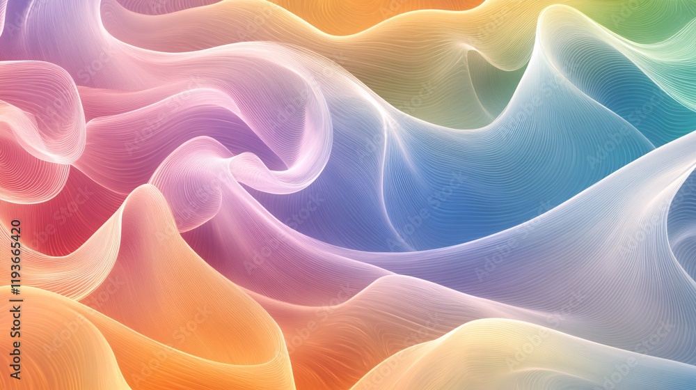 Poster an abstract colorful wave pattern, showcasing soft, flowing lines in pastel hues, creating a serene 