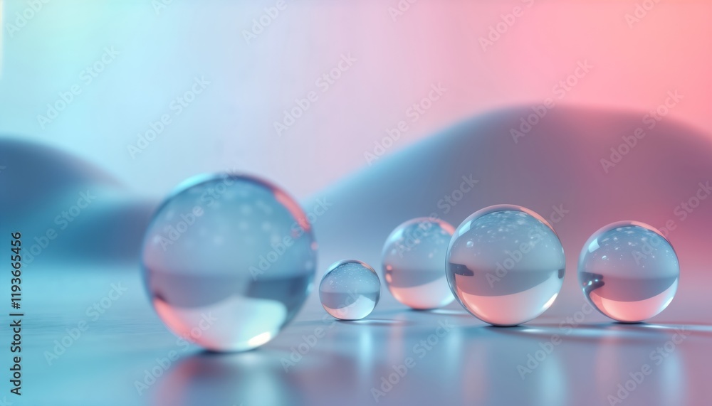 Poster Abstract design with transparent glass spheres. Modern spheres arranged on smooth surface. Background features gradient of blue, pink hues. Fluid, smooth curves create dynamic abstract visual.