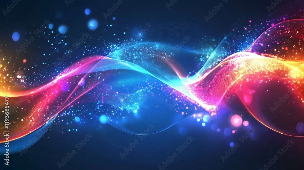 Poster vibrant abstract waves of light in blue, pink, and orange creating a dynamic visual effect.