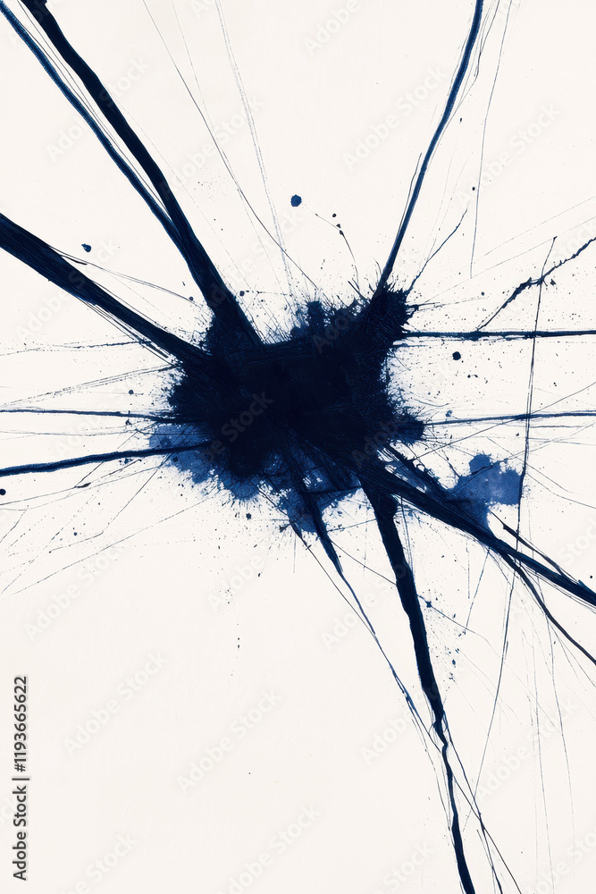 Poster dynamic abstract ink splash artwork with vibrant blue strokes on minimalist canvas background for cr
