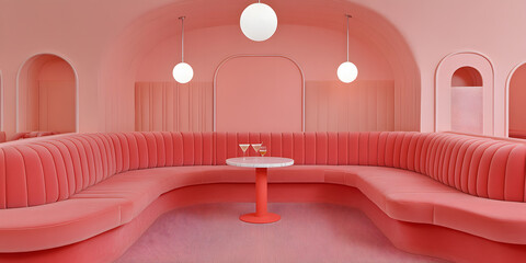 Pink lounge area with curved seating, a small round table, and three glasses. Soft lighting enhances the elegant, minimalist design.