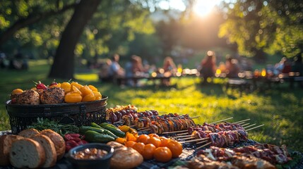On Memorial Day, a family gathers for a picnic, with an American flag covering the table of traditional dishes. Sunlight filters through, casting a cozy, inviting light