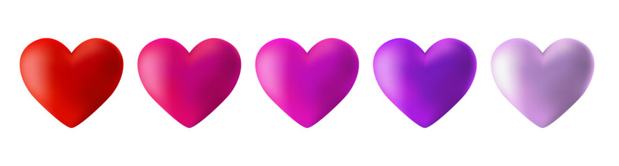 Set of bright 3d heart in different color and shades of pink and red. Isolated design element for Valentine's Day, wedding. Vector illustration eps10 on transparent background.