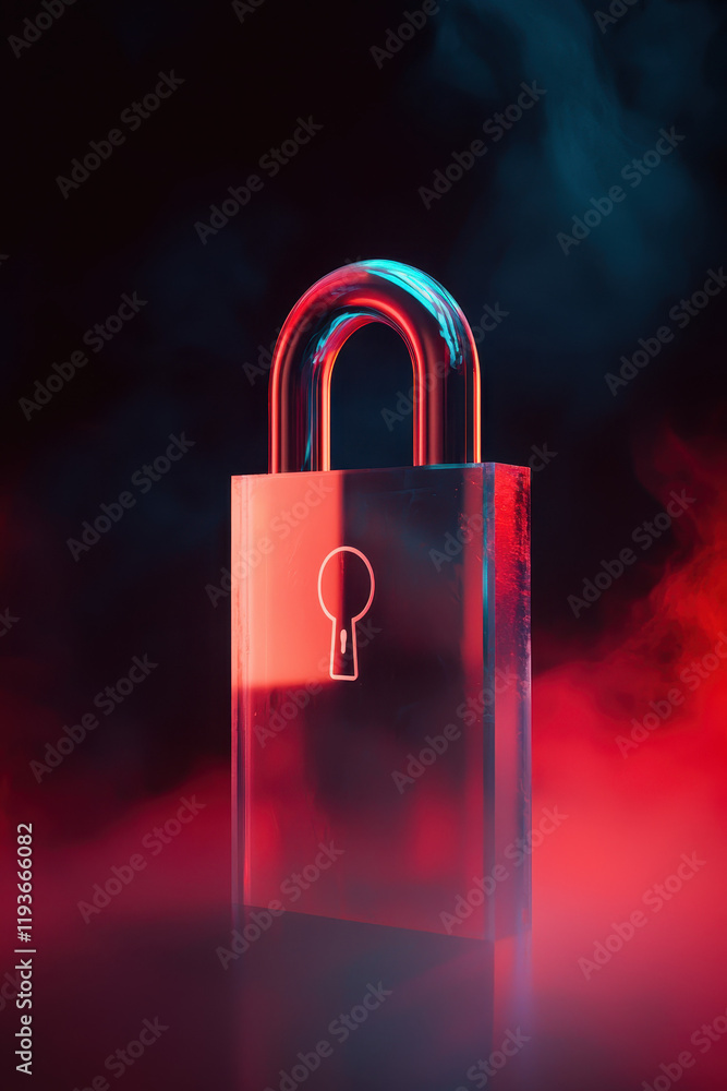 Poster dynamic visual representation of modern security featuring a vibrant and abstract glowing lock in a 