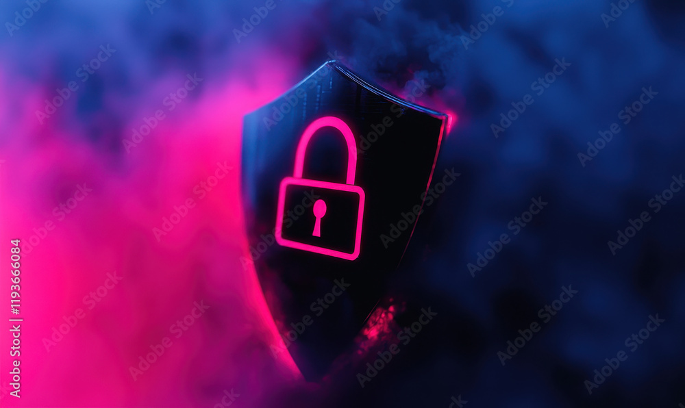 Poster vibrant digital shield with neon pink lock symbolizing advanced cybersecurity and online protection 