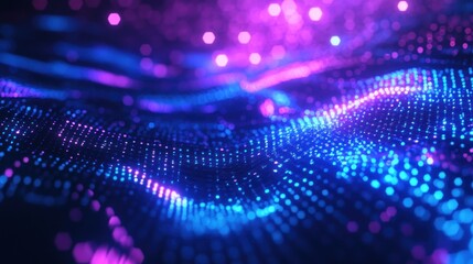 Abstract blue and purple glowing particle wave background.