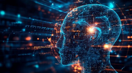 Obraz premium Futuristic digital human head with blue circuitry and glowing lights