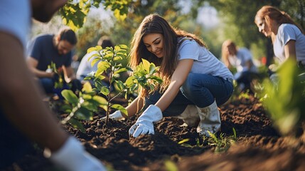 A group of young adults engage in planting trees in a sunny garden, showcasing teamwork and environmental care.