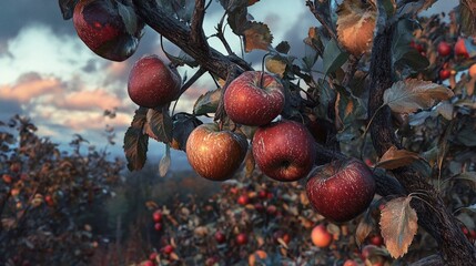 Close-up of ripe red apples hanging on a branch during sunset in an orchard.