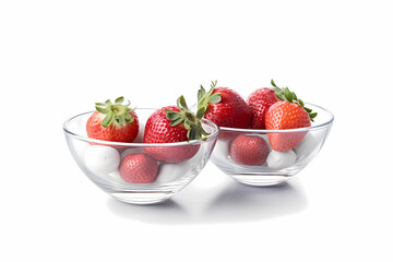 Two bowls of ice cream and strawberries white background