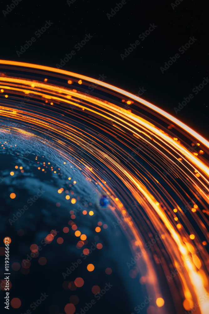 Poster dynamic representation of high-speed fiber optic connections encircling the globe in a vivid display