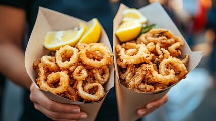 Two servings of crispy fried calamari, garnished with lemon slices, served in take-out cones.
