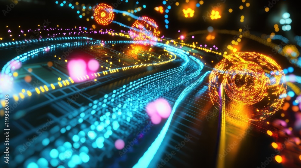 Poster quantum data being transmitted across glowing pathways, interacting with quantum processors in a hol