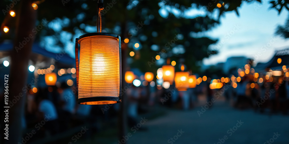 Poster illuminated paper lantern at dusk with blurred background