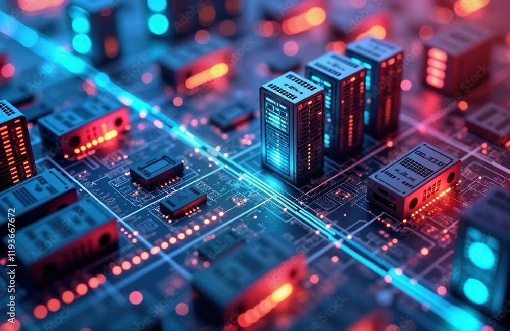 Poster Modern tech illustration shows miniature server buildings on circuit board. Complex data processing, enhanced logic, management illustrated. Image displays digital architecture. Advanced data