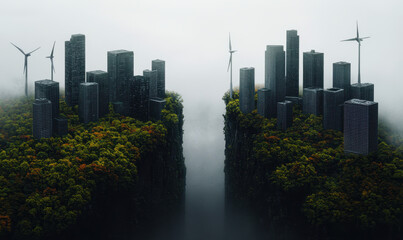 Obraz premium Stunning Urban Integration: Skyscrapers and Windmills Harmoniously Blend with Lush Green Cliffs Amidst Foggy Landscape