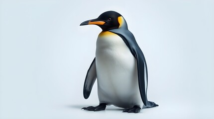 Obraz premium A vibrant, architectural color photograph of a King Penguin standing on a white background. The penguin features a black head, black beak with an orange tip, yellow and orange neck stripe, black flipp