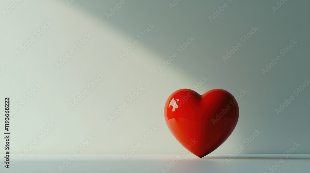 Poster shiny red heart on minimalist background with soft light casting a shadow, ideal for romantic themes