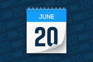 Calendar page with date June 20 vector illustration background