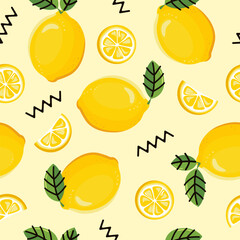 Seamless pattern with lemon and lemon slices. Fruits vector illustration.