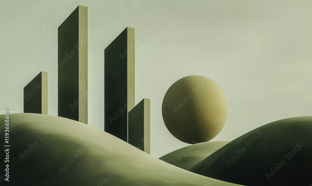 Poster surreal abstract landscape with geometric structures and sphere in serene green environment