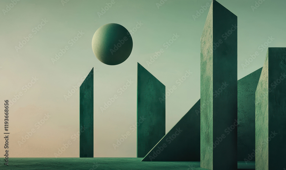 Poster exploring minimalist architectural design with abstract monoliths and surreal spheres amidst a tranq