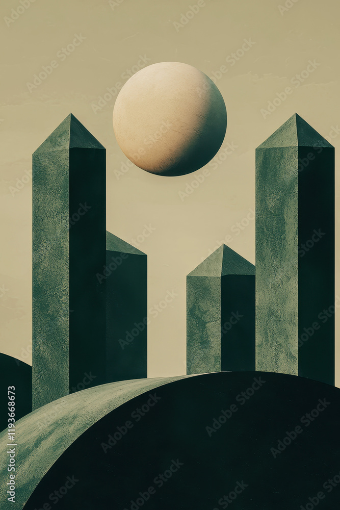 Poster exploring surreal geometric abstract structures and minimalist architectural forms in a futuristic u