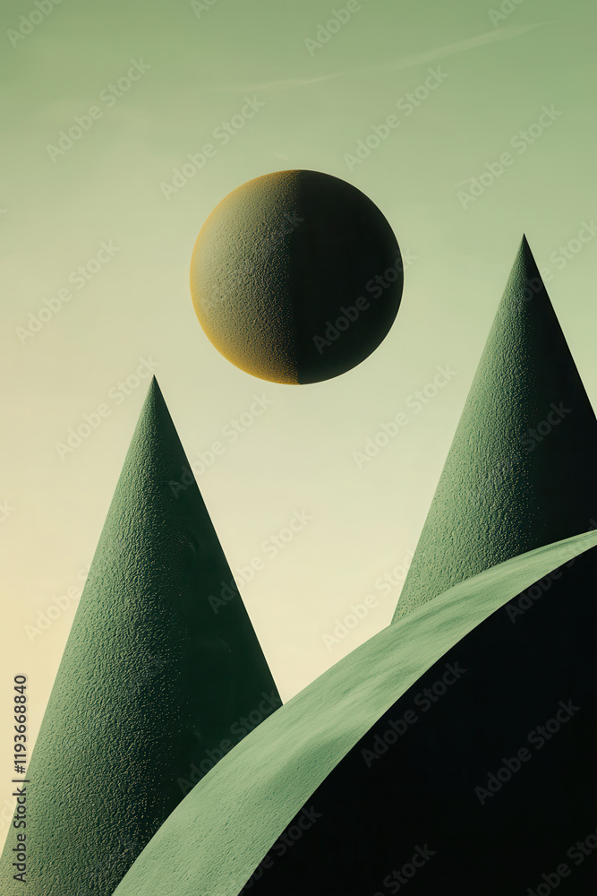Aufkleber surreal geometric landscape with floating sphere and conical forms in minimalist composition