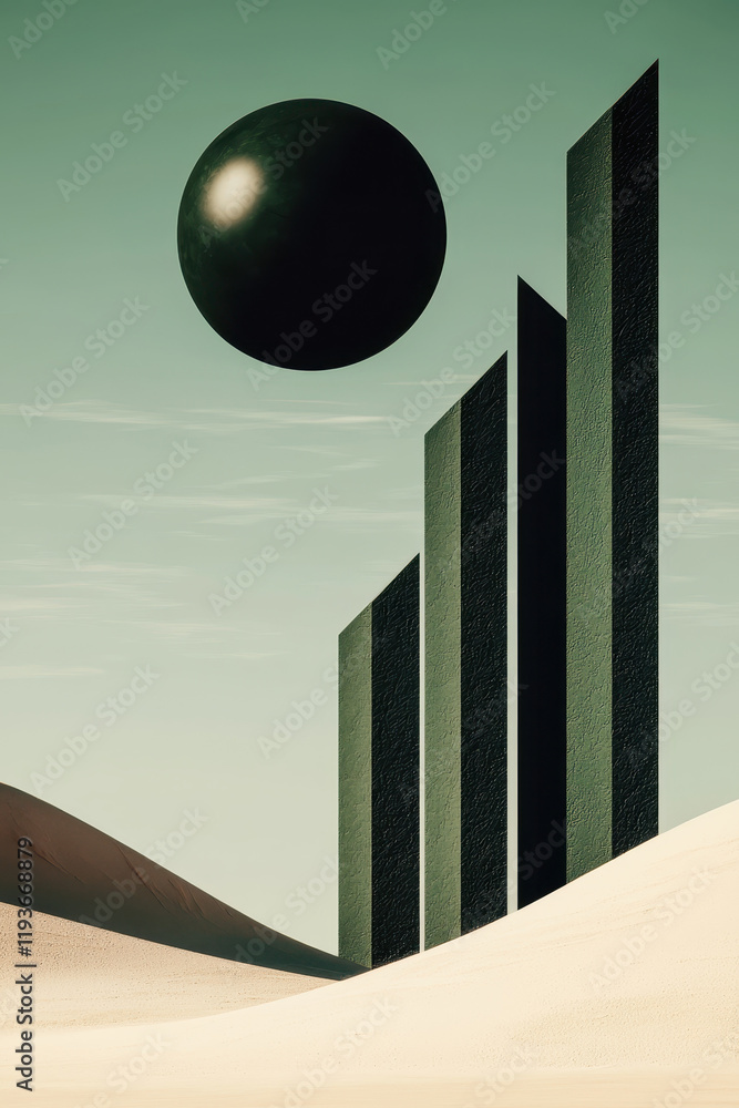 Poster surreal desert landscape with geometric structures and floating sphere in minimalist harmony