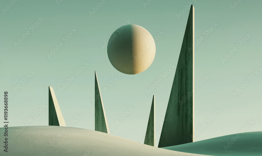 Poster surreal abstract landscape with geometric structures and a floating sphere in a minimalist desert se