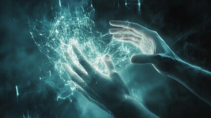 Futuristic hands interacting with digital network hologram in blue glow