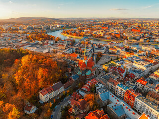 Church Saint Joseph at Podgorski Square in Podgorze district city view near river in Krakow Poland....