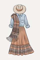 Obraz premium Fashion Illustration Featuring a Long Skirt and Woven Shawl